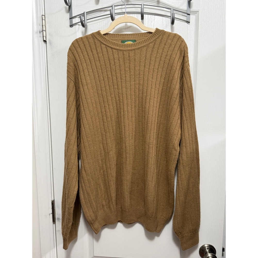 Vintage 90s Cabelas Mens L Tall Baby Alpaca Wool Ribbed Knit Sweater Tan Camel